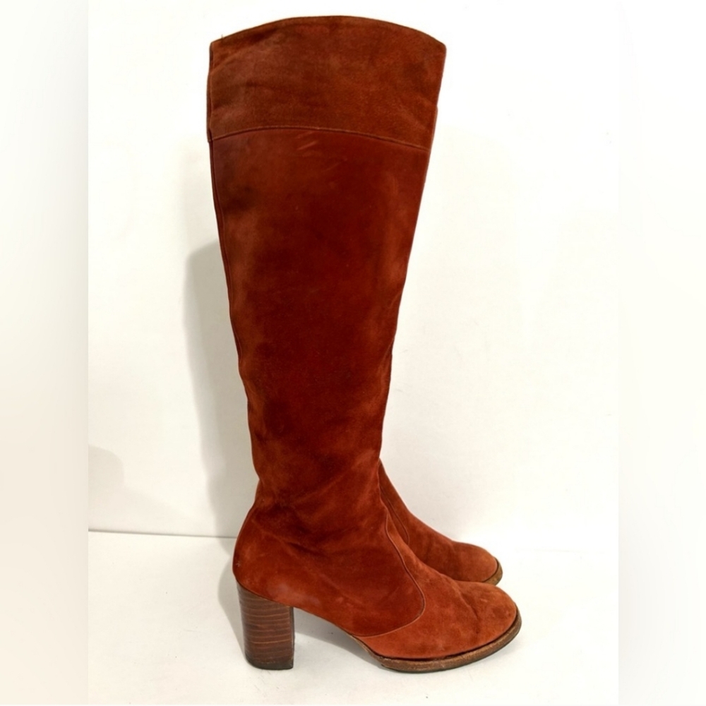 Beautiful 1970s Knee Boots, Genuine Suede Burnt Orange Stacked Heel Size 6 - Picture 15 of 16